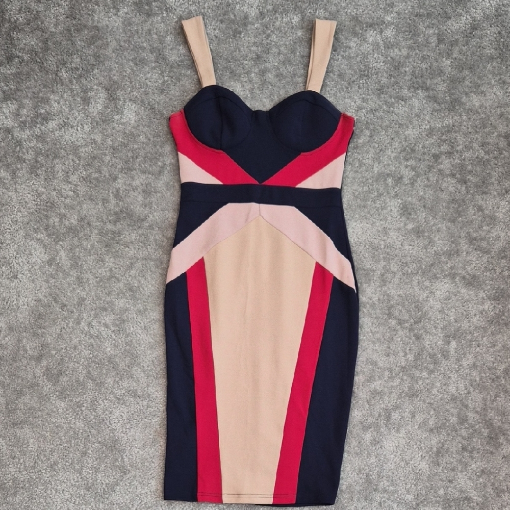 Colorblock Bodycon Dress - Navy, Pink & Red